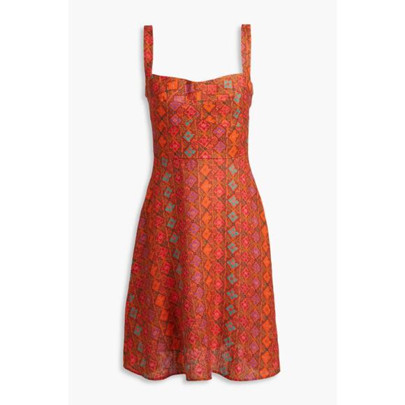 SALONI Rachel Printed Sleeveless Linen Mini Dress Rainbow Trellis Orange Pink 2 - Picture 3 of 9